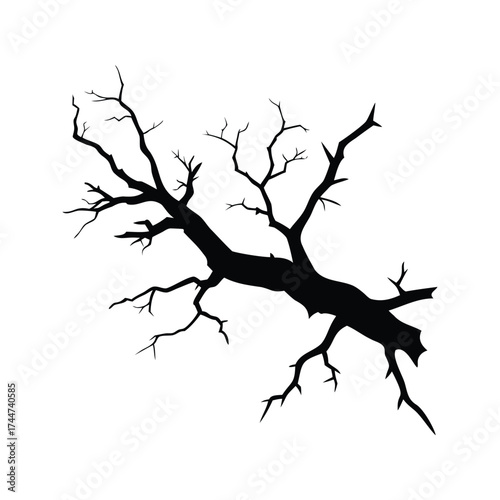 Silhouette of a bare tree branch with many small branchlets extending outward, dead branch with cracks silhouette vector illustration