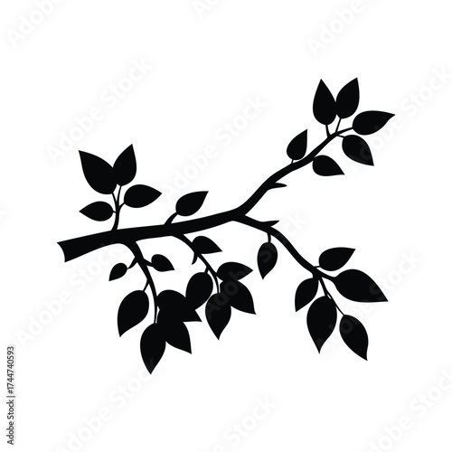 Black silhouette of a tree branch with leaves on a white background, dead branch with leaves silhouette vector illustration