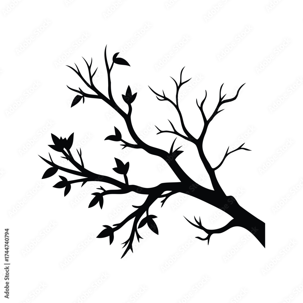 Naklejka premium Silhouette of a stylized tree branch with leaves, simple graphic artwork, dead bush branch silhouette vector illustration
