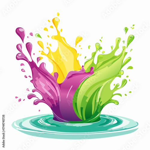 colorful water splash in vibrant shades of green, purple, yellow, and pink