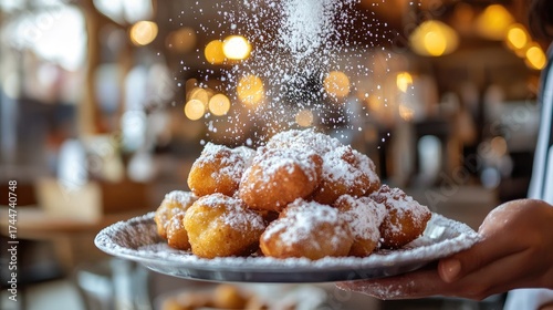 A person holding a plate of powdered donuts with a blurred background.