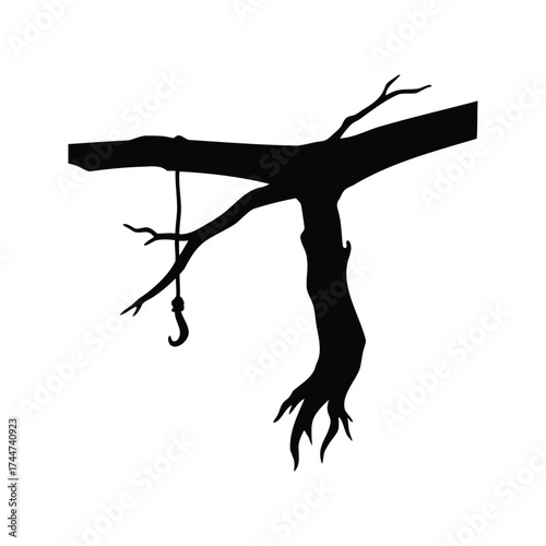Silhouette of a tree branch with a hanging hook, evoking suspense, dead hanging branch silhouette vector illustration
