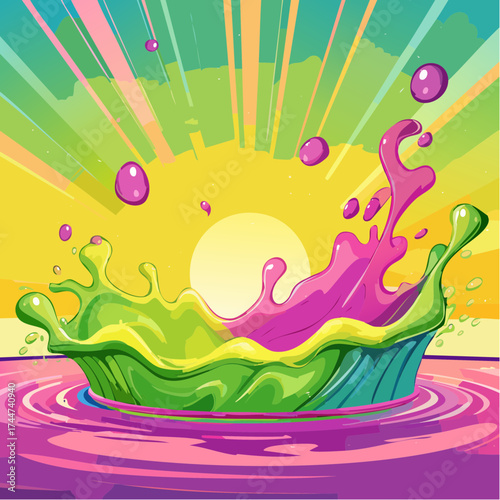colorful water splash in vibrant shades of green, purple, yellow, and pink