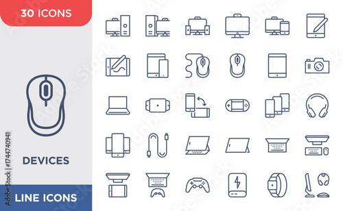 Simple set of Device icons. Contains icons such as Computer, smartphone, camera, and mouse. Editable strokes