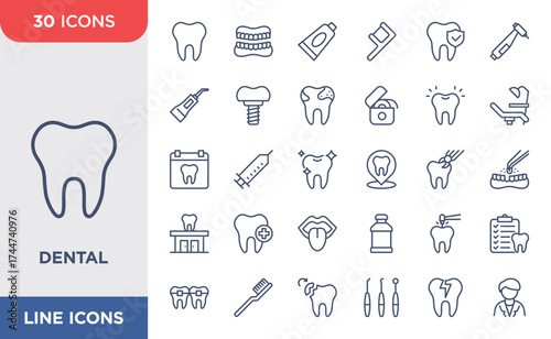Simple set of Dental icon set. Contains such Icons as Teeth, Mouth, Toothpaste, Dental tools. Editable strokes