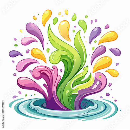 colorful water splash in vibrant shades of green, purple, yellow, and pink