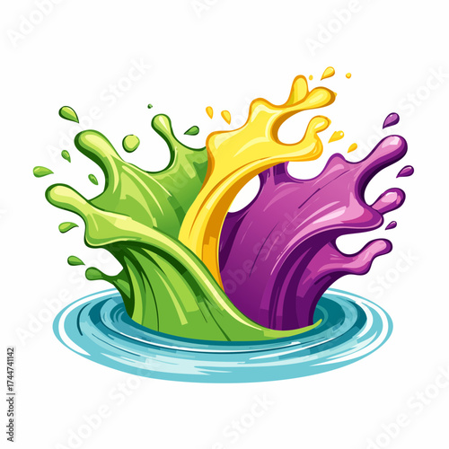 colorful water splash in vibrant shades of green, purple, yellow, and pink