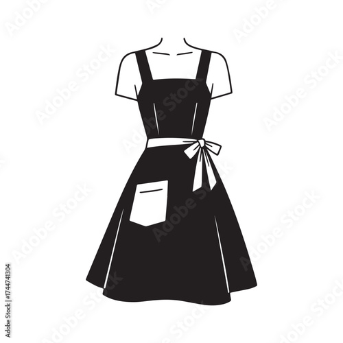 Apron Dress Silhouette with Pocket, Waist Sash, and Flared Skirt.