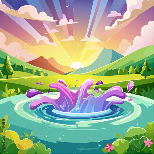 colorful water splash in vibrant shades of green, purple, yellow, and pink