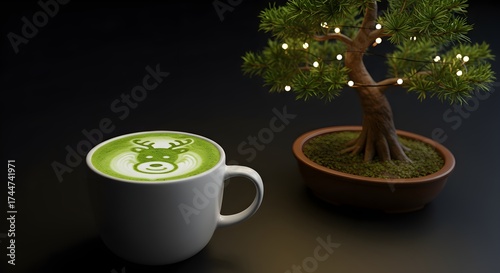 Matcha latte with deer art beside a bonsai tree in low key lighting