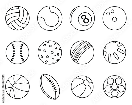 Sports ball outline silhouette vector set.  Balls for Football, Soccer, Basketball, Tennis, Baseball, Volleyball. Vector illustration.