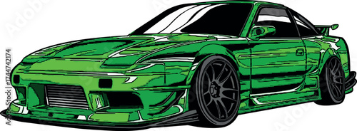 Illustration of a bright green sports car with a wide body kit, aerodynamic design, and low stance.