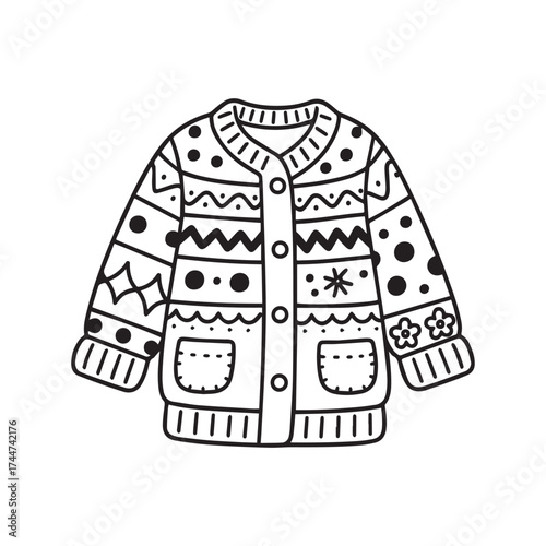 Cozy Cardigan Line Art with Decorative Fabric Pattern Designs. 