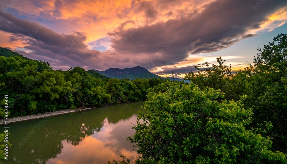 Fototapeta premium River flowing through lush green foliage under a vibrant sunset