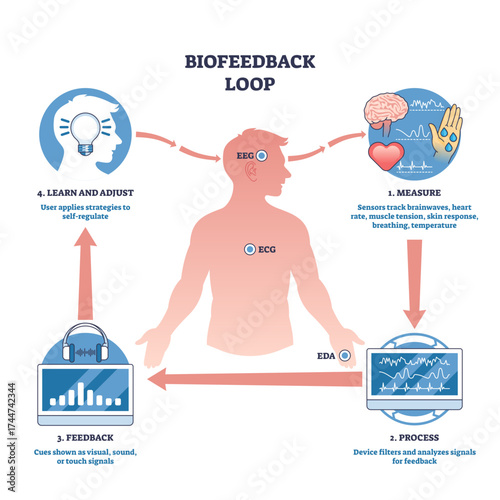 Biofeedback loop shows how brain, heart, and sensors interact for self-regulation using signals and feedback, transparent background.