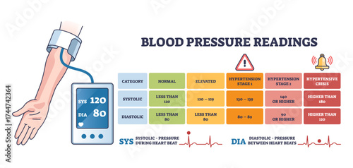 Blood pressure readings are shown with a digital monitor, arm cuff, and reference chart for interpretation, transparent background.