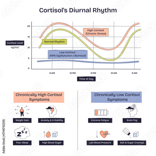 Cortisols diurnal rhythm shows daily hormone fluctuations with a graph, sun, and moon icons, transparent background. Doodle style diagram