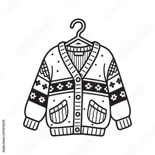 Cozy Cardigan Line Art with Decorative Fabric Pattern Designs. 