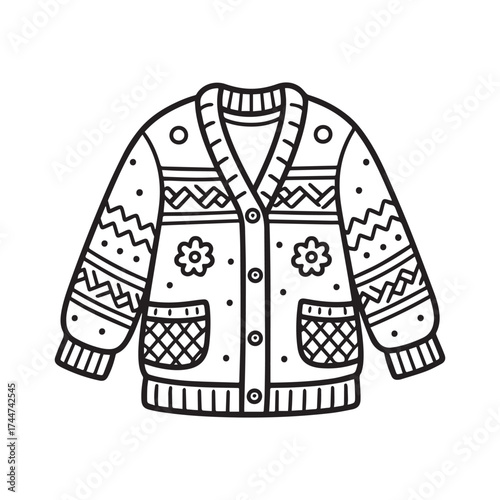 Cozy Cardigan Line Art with Decorative Fabric Pattern Designs. 