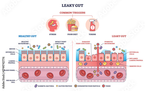 Leaky gut diagram shows healthy vs damaged gut lining, highlighting epithelial cells, tight junctions, and triggers, transparent background.