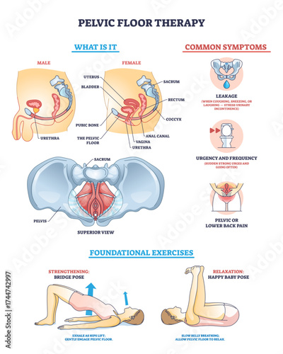 Pelvic floor therapy overview with anatomical diagrams, symptoms, and exercise illustrations, transparent background.Key objects, pelvic anatomy, symptom icons, exercise poses.