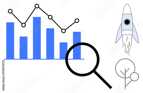Blue bar chart, line graph, rocket, magnifying glass, and tree icon highlight data analysis, growth, innovation, exploration sustainability business strategy and progress. Simple flat metaphor