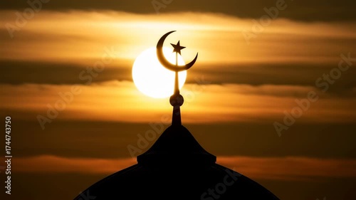 Silhouette of a mosque dome with a crescent moon and star against a vibrant sunset sky, evoking spirituality, peace, and the beauty of islamic architecture