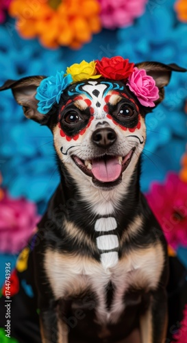 Cute chihuahua dog with colorful sugar skull make up and floral costume. Day of the Dead pet celebration in Mexico. Dia de los Muertos background for banner poster or blog post.	
