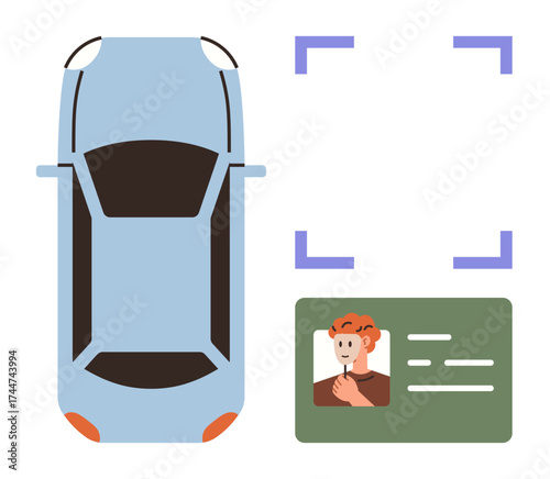 Blue car from top perspective, ID card with photo and text, digital recognition scan mark. Ideal for identity verification, security, AI, smart systems, driving license, transportation digital