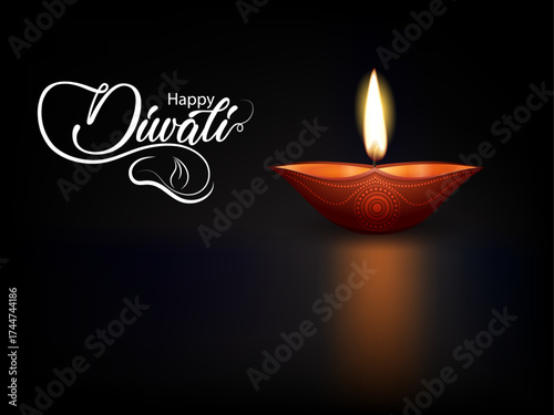 Happy Diwali Greeting Background with Elegant Glowing Diya Lamp, Warm Flame Light on Dark Festive Backdrop, Indian Festival of Lights Celebration Design for Stock Use
