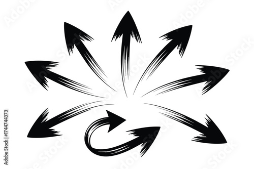 Dynamic hand-drawn brushstroke arrows fanning out in multiple directions, symbolizing diverse options, complex decisions, and the concept of various paths or choices for navigation