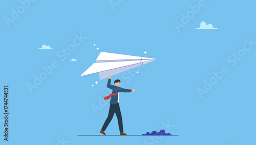 Businessman running about to throwing to launch big paper airplane origami. Start new business, startup or entrepreneurship, creativity and inspiration to achieve business success.