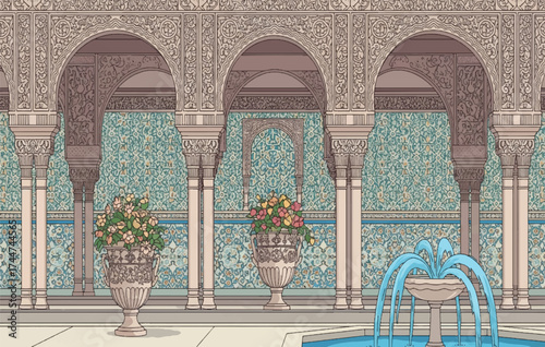 Vector art of ornate arches with fountains and floral arrangements in a courtyard