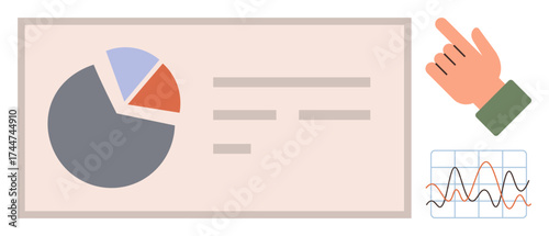 Pie chart and line graph accompanied by hand gesture pointing at data highlights. Ideal for business analysis, reporting, strategy, data review, education, teamwork, and presentations. Simple flat