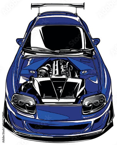 Illustration of a blue sports car viewed from the front, showcasing its detailed open engine bay with high-performance turbo components.