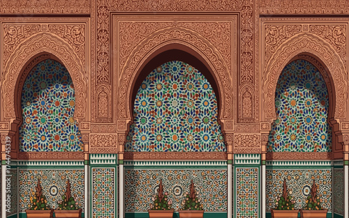 Vector art of intricate moroccan architectural detail with arched doorways and tilework
