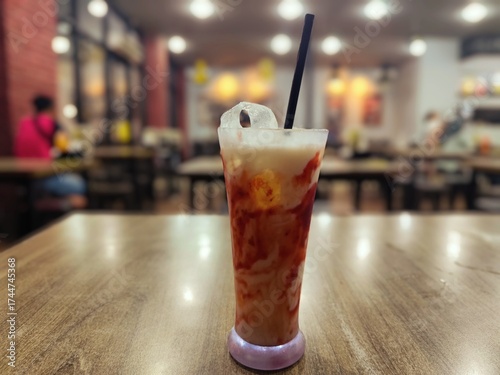 Cold sweet beverage with ice cubes and syrup in a glass, captured in a cozy cafe setting.