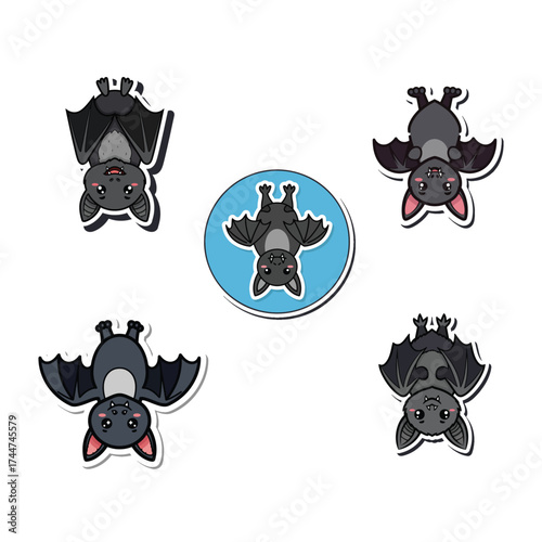 A collection of five cute cartoon bat stickers hanging upside down against a white background.