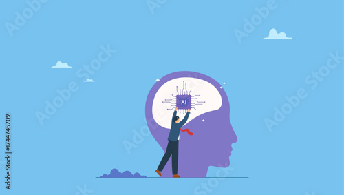 Businessman put AI processing chip into human brain. AI, Artificial Intelligence to think like human, machine learning technology to calculate and solve problem, robot and automation innovation.