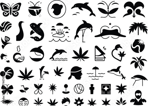 Collection of black icons featuring nature, people, and abstract symbols animals