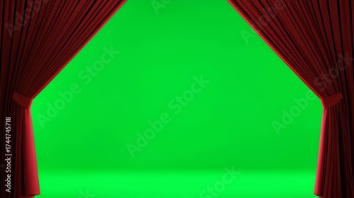 A dramatic red curtain opening to reveal a green screen background, ideal for theatrical presentations and digital compositing purposes