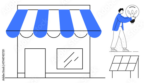 Small storefront with striped awning, man holding eco lightbulb, and solar panels. Ideal for sustainability, business growth, green energy, innovation, eco-friendly solutions, renewable energy
