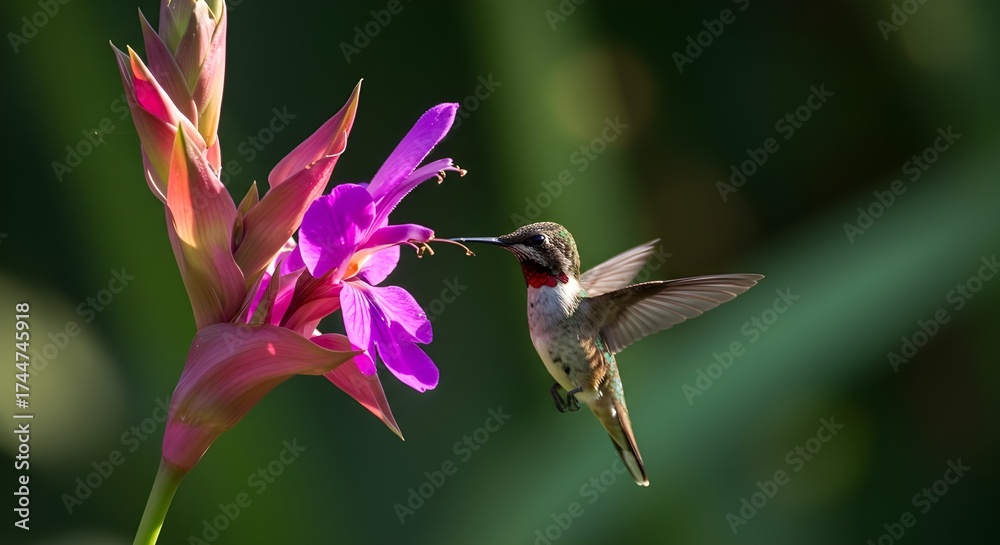 Naklejka premium Hummingbird sipping nectar from exotic vibrant flower in tropical garden under natural sunlight