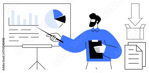 Man pointing at board with graphs and pie chart, holding clipboard near document and box graphics. Ideal for business, data, strategy, planning, management, education workflow. Simple flat metaphor