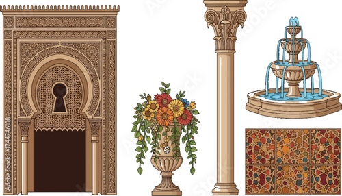 Vector art of collection of ornate architectural elements and decorative objects