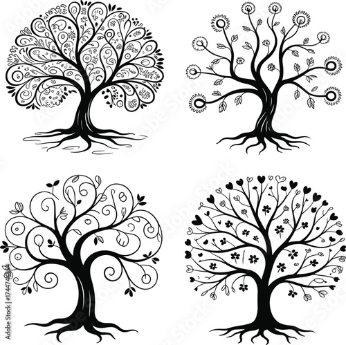 Four decorative trees with intricate designs and roots ornate