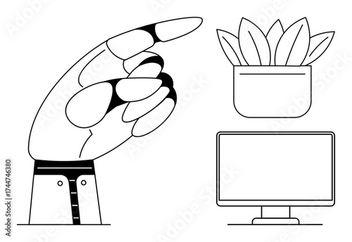 Hand in sleeve pointing forward beside a computer monitor and a plant in a pot. Ideal for direction, guidance, decision-making, growth, workspace balance, precision, and productivity. Simple flat