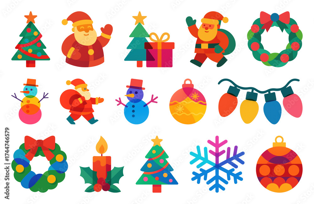 Fototapeta premium PNG Colorful festive Christmas icons, element set on transparent background
