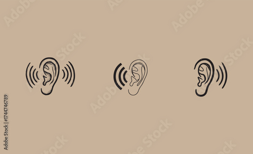 Three stylized ears with sound waves indicating listening or hearing