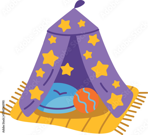 Purple Star- Patterned Play Tent with Rug and Toys on White Background kids children